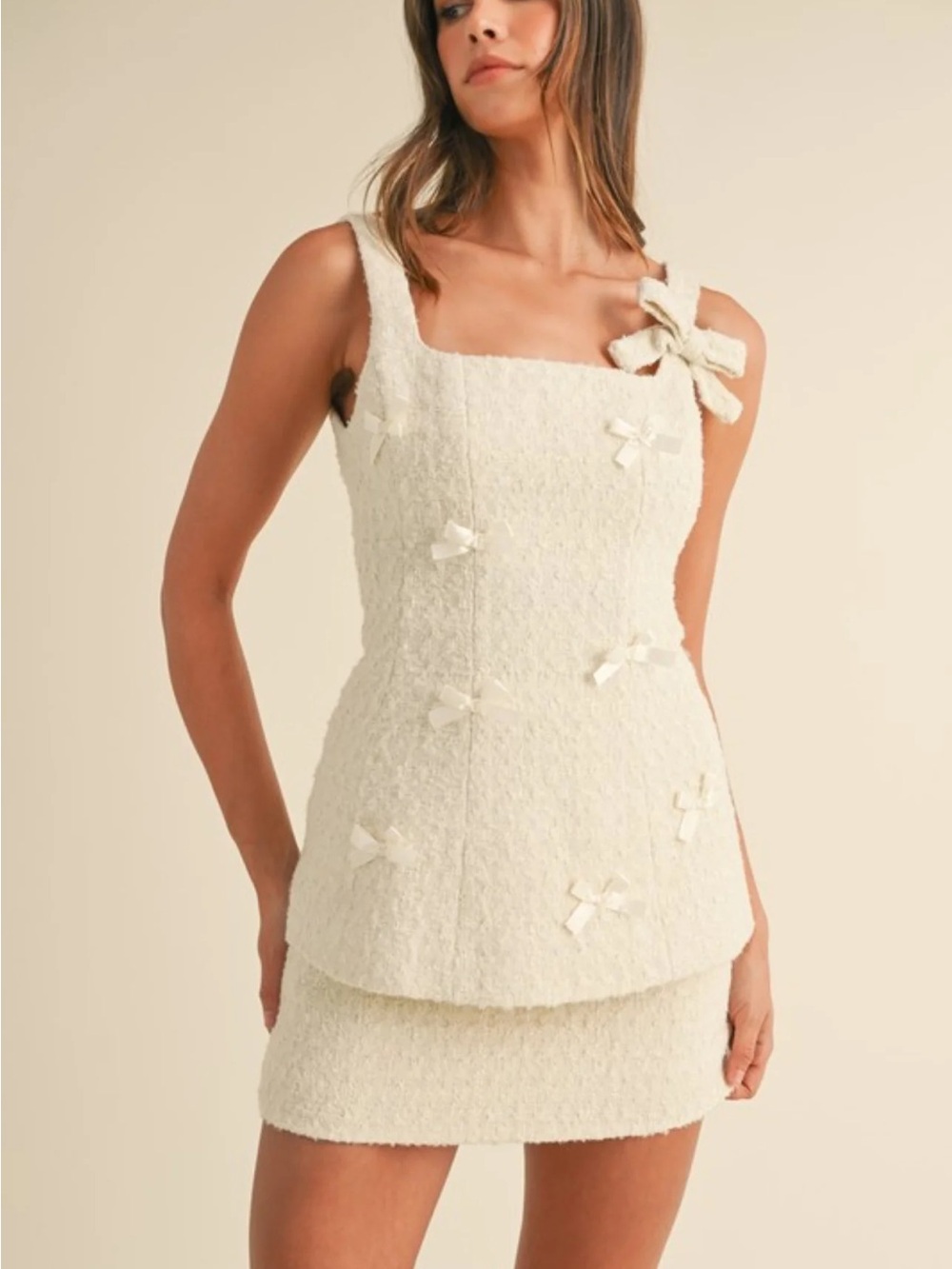 Cream Tweed Mini Skirt Set with Bow Accents
